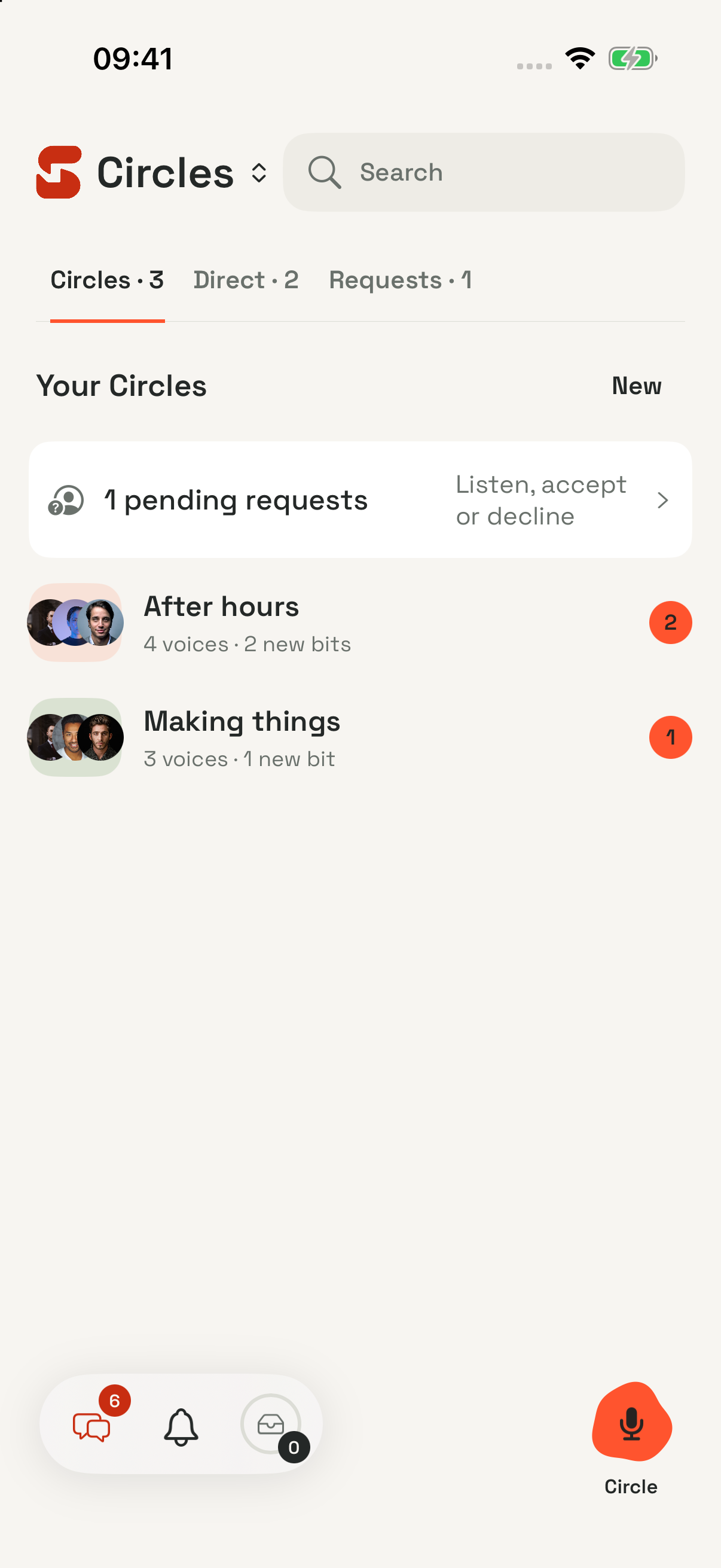 SayBits Circles screen for private voice conversations