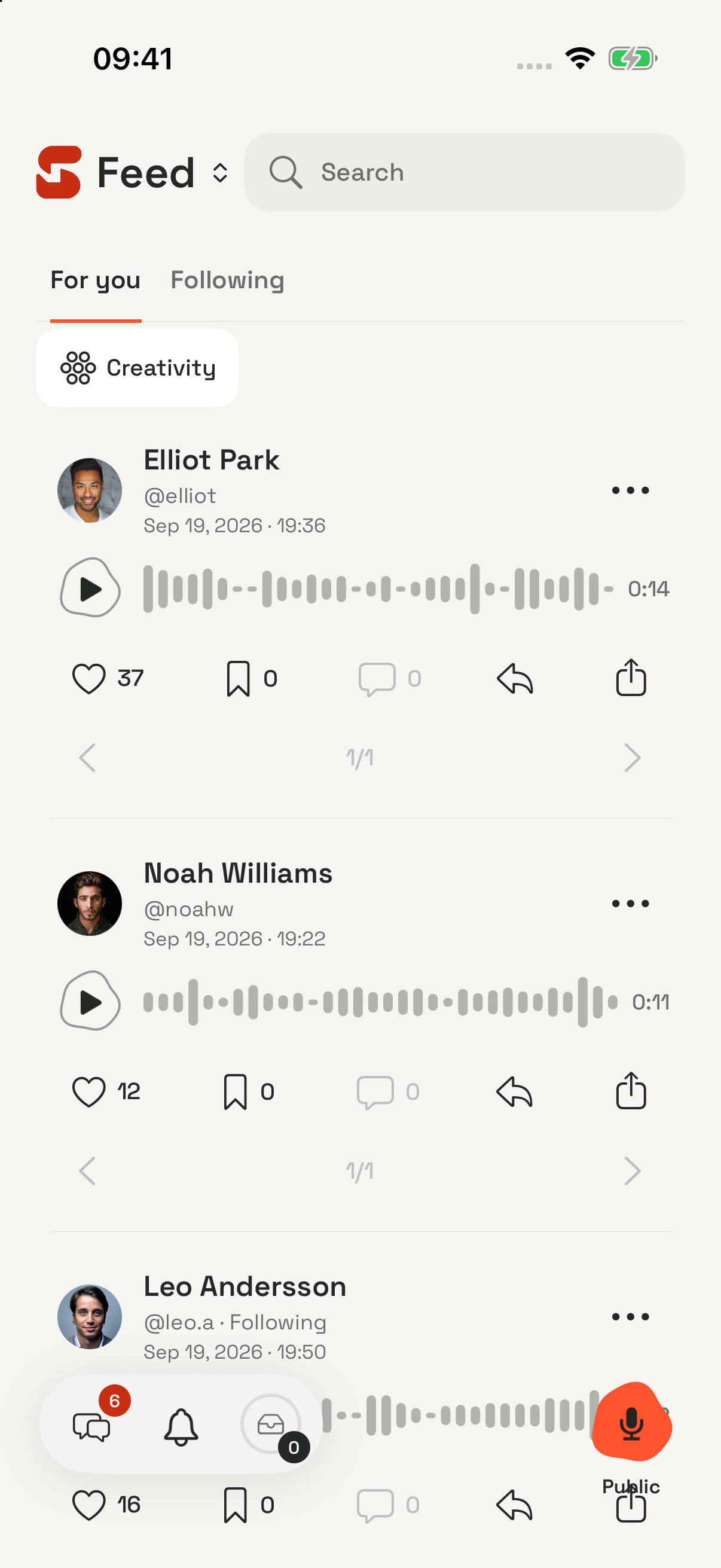SayBits iPhone feed with voice posts, waveforms, and voice replies